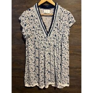 Goa Beachwear by Japna‎ Womens Floral Crochet Trim V-Neck Tunic Top Blue White L